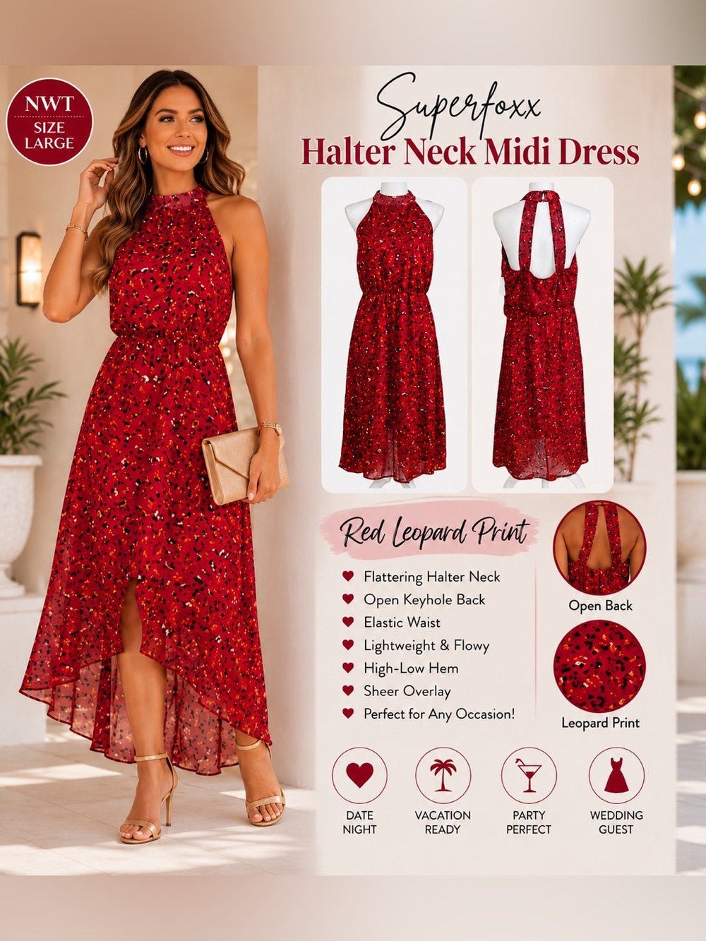 NWT Superfoxx Red Leopard Print Halter Midi Dress Open Back L